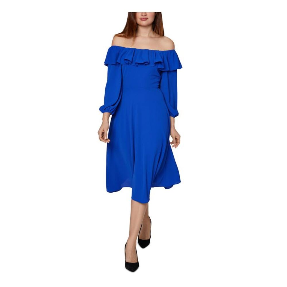 NWT BCBGENERATION Womens Blue Long Sleeve Midi Evening Fit + Flare Dress 12